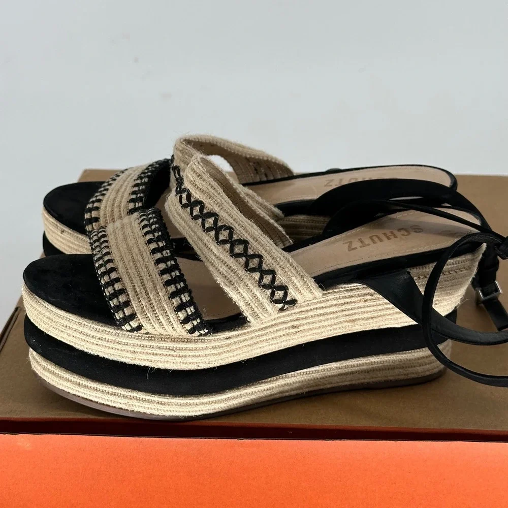 Schutz Denes‎ Platform Espadrilles Black Cream Open Toe Sandal 6.5 Summer Resort
